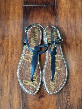 NWT Sam Edelman Gigi Leather T-Strap Flat Sandal Thong Ankle Strap Black 9.5 M